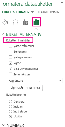 Delen Etikettalternativ i rutan Formatera dataetikett