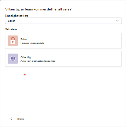 Skärmbild av ett fönster för att skapa ett nytt team i Microsoft Teams med alternativ för att ange känslighet som "säker" och sekretess som antingen "privat" eller "offentlig".