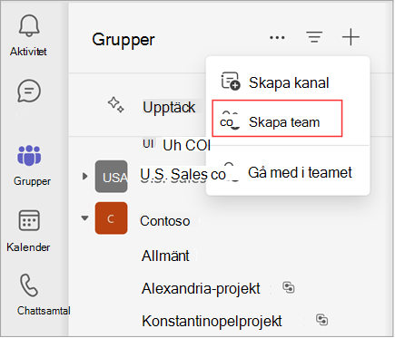 En skärmbild av en meny med alternativ för att skapa en kanal, skapa ett team eller gå med i ett team. Välj Skapa team för att skapa ett team. Den visar också en lista över befintliga team och kanaler.