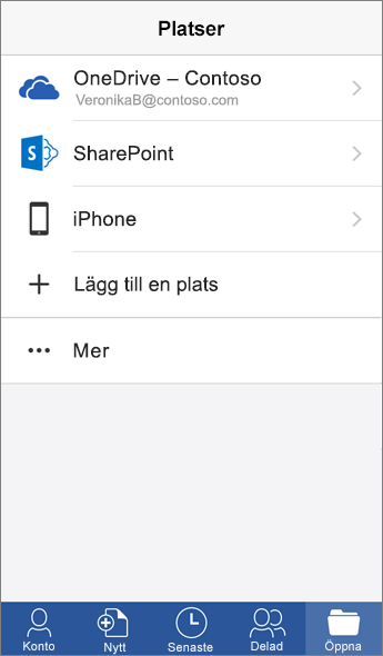 Skärmbild av skärmen Platser i Word-mobilappen.