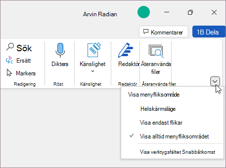 Meny för visningsalternativ i menyfliksområdet