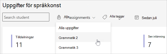 skärmbild av de tillgängliga filtren i vyn Uppgifter och betyg i Insikter. kan du söka efter elev, uppgift efter tagg eller efter datum.