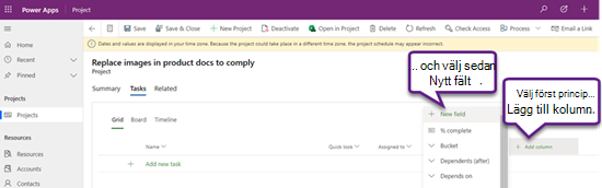 Lägga till ett nytt fält i ett projekt öppet i Project Power App