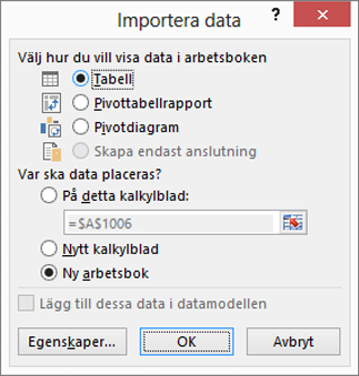 Dialogrutan Importera data från Excel 2016