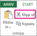 Kommandot Klipp ut i gruppen Urklipp