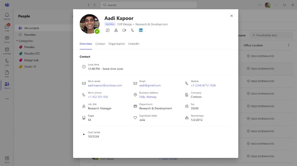 Skärmbild av kontaktkortet i appen Kontakter i Teams