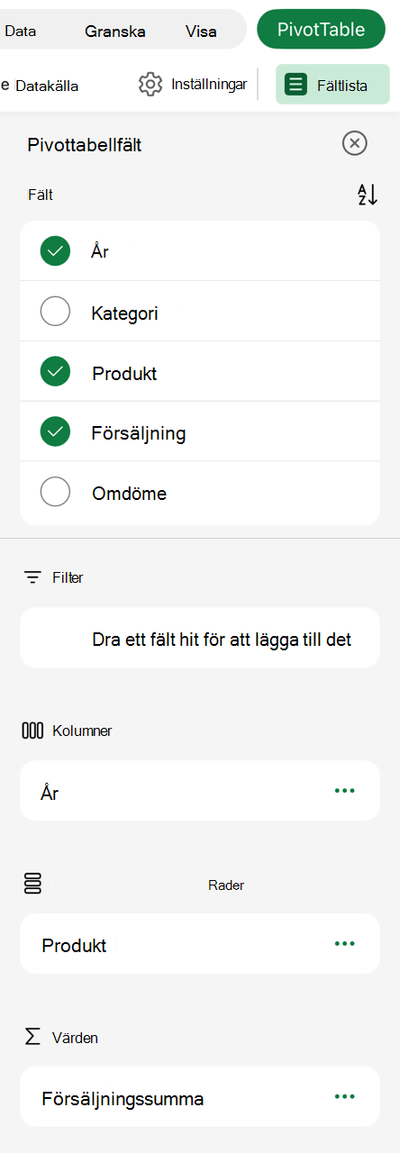 Pivottabell på iPad-fältlista