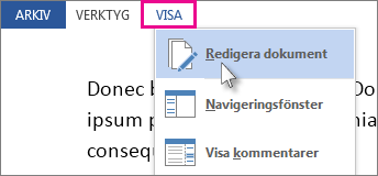 Bild av en del av Visa-menyn i Läsläge, med alternativet Redigera dokument markerat.