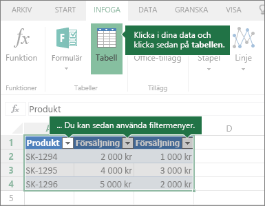 Fliken Infoga, knappen Tabell, filtermenyer