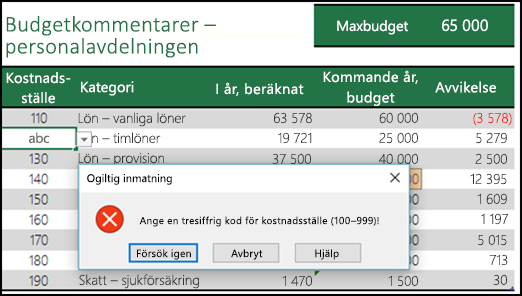 Exempel på ett ogiltigt indatameddelande