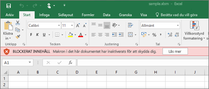 Om du försöker öppna en fil från en misstänkt plats blockerar Office alla makron.
