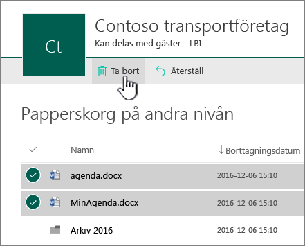 Papperskorgen på andra nivån i SharePoint Online med knappen Ta bort markerad