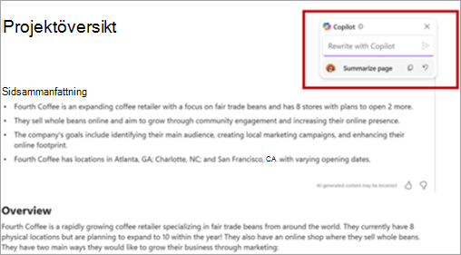 Skärmbild som visar textrutan för att skriva om den Copilot-genererade sidsammanfattningen