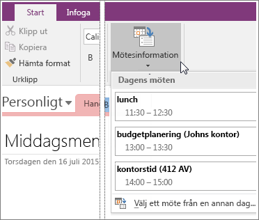 Skärmbild av knappen Mötesinformation i OneNote 2016.