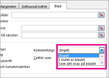 Välj ett alternativ under Kommentarer på fliken Blad