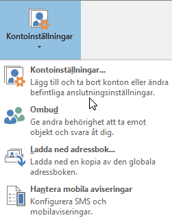 Tillgängliga alternativ när du väljer kontoinställningar i Outlook