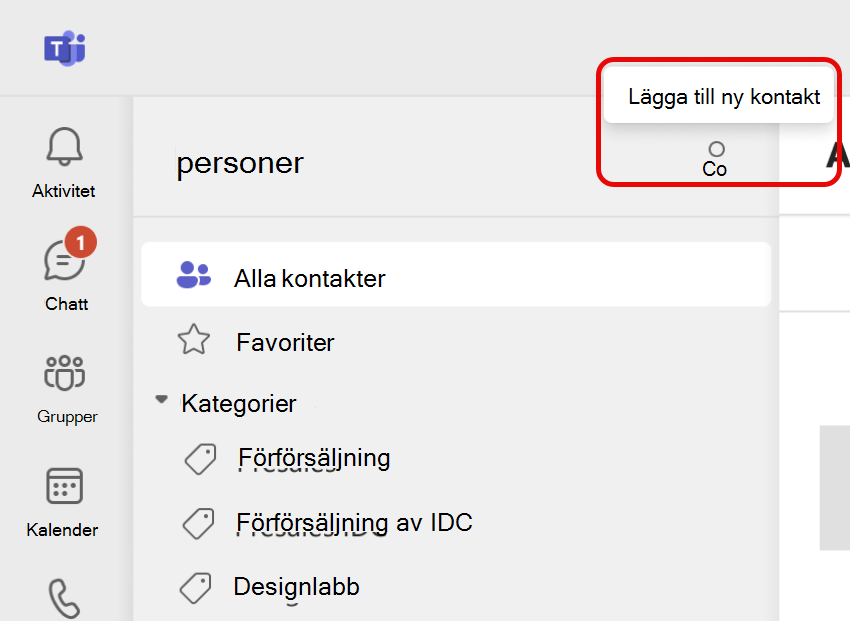 Skärmbild av ikonen lägg till ny kontakt i appen Kontakter i Teams