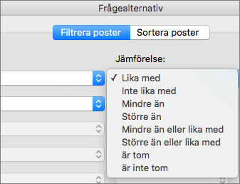 Klicka på de alternativ för jämförelse som du vill lägga till