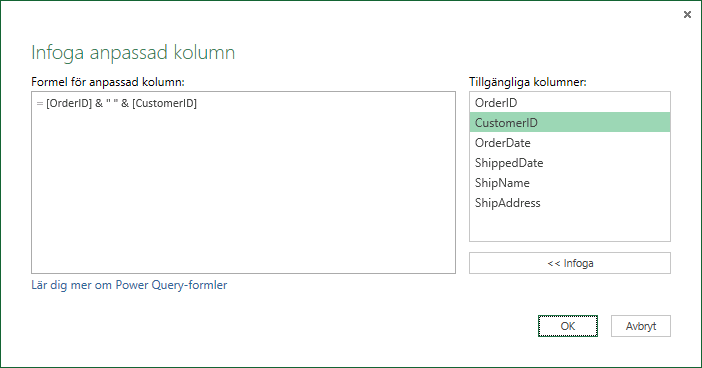 Ange formel för anpassad kolumn för att slå samman kolumnvärden