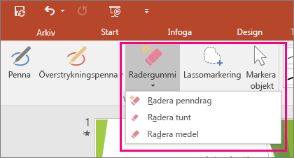Visar knappen Radergummi i Pennverktyg i Office
