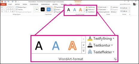 Kommandon för WordArt-format i menyfliksområdet