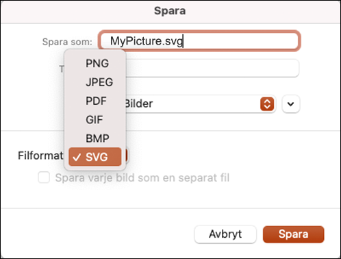 Dialogrutan Spara som i PowerPoint 2021 för Mac med alternativet SVG markerat