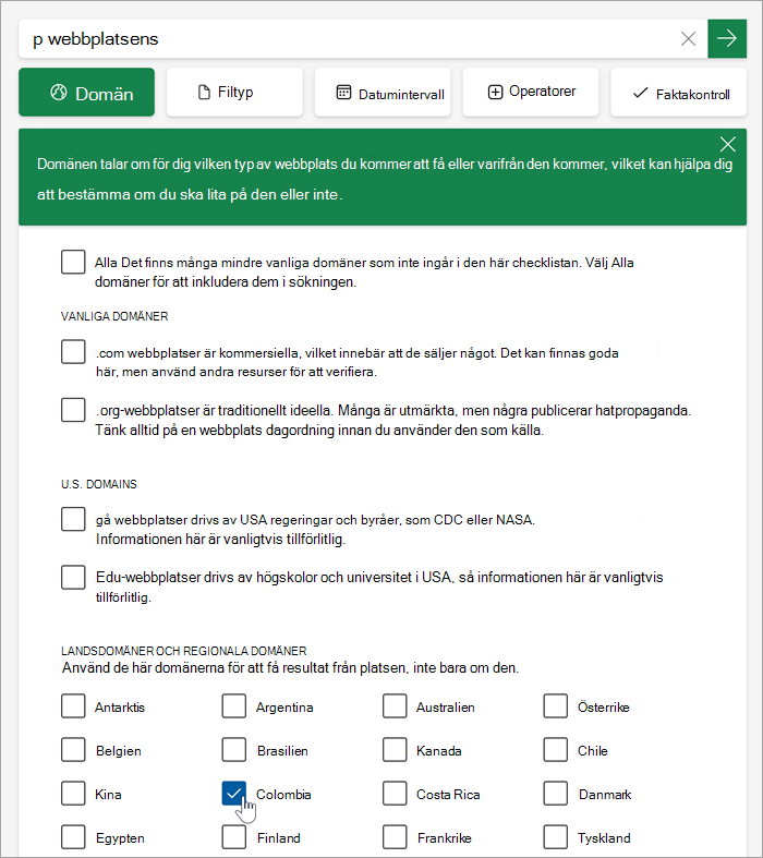 Skärmbild av listan över lands- och nationella domäner när man har klickat på mer