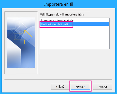 Välj om du vill importera en Outlook-datafil (.pst)