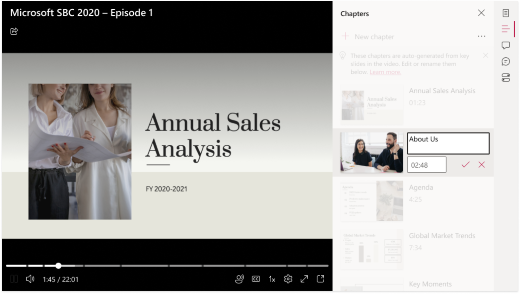 En video är öppen i en webbläsare. Till höger om videon markeras textfält för att indikera att en användare kan klicka i dem för att redigera ett kapitels rubrik och beskrivning.