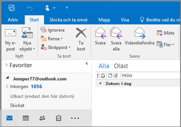 En bild av hur det ser ut när du har ett Outlook.com-konto i Outlook 2016.