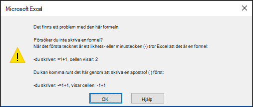 Bild av dialogrutan "Problem med den här formeln" i Excel