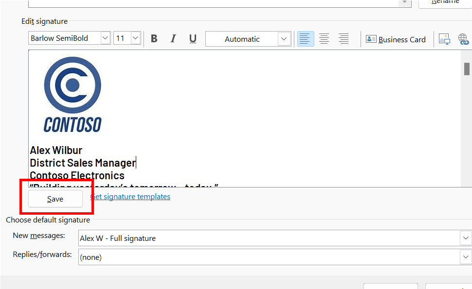 Signaturredigeraren i Outlook med knappen Spara markerad.