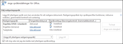Dialogrutan där du kan lägga till, välja eller ta bort det språk som används i Office för redigerings- och språkverktyg.