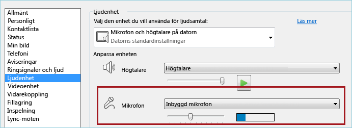 Skärmbild av ljudkontroll för mikrofon i Lync