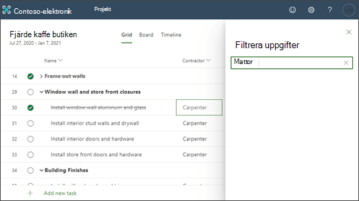 Skärmbild av ett projekt som filtrerats på en kolumns innehåll