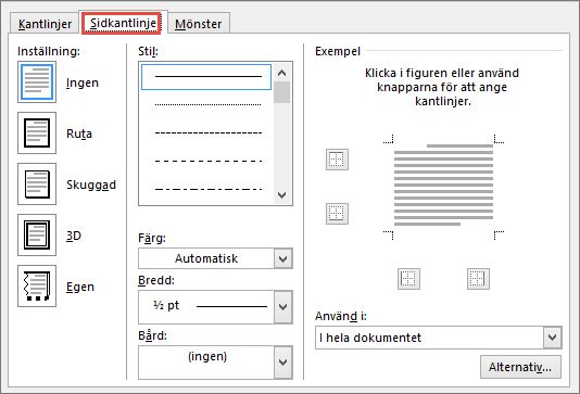 Fliken Sidkantlinje i dialogrutan Kantlinjer och fyllning i Word 2010