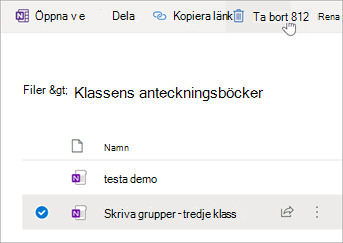 Välj den klassanteckningsbok som du vill ta bort och välj sedan Ta bort.