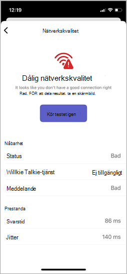 Skärmen Testa nätverkskvalitet i Walkie-talkie