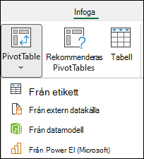 Listrutan Infoga pivottabell med alternativet "från Power BI".