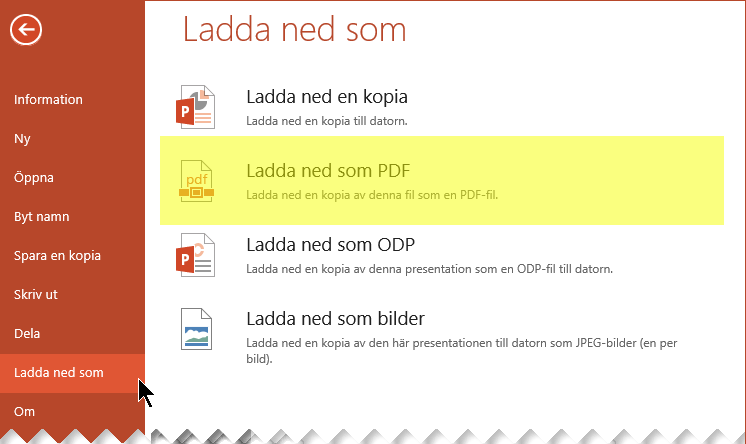 Välj Arkiv > Ladda ned som > Ladda ned som PDF