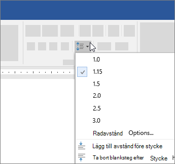 Alternativ för radavstånd i dialogrutan Stycke