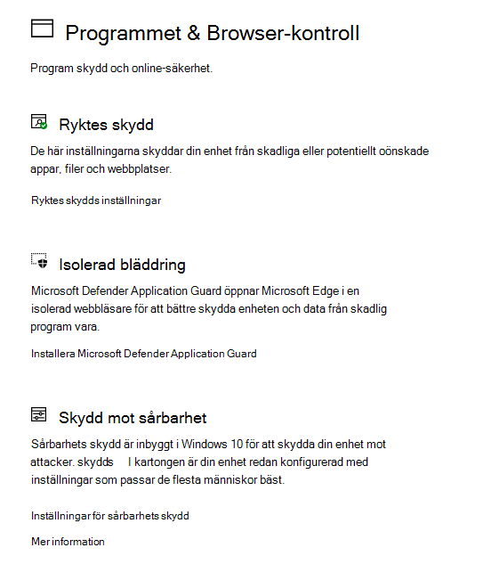 App- & webbläsarkontroll i Windows-säkerhet