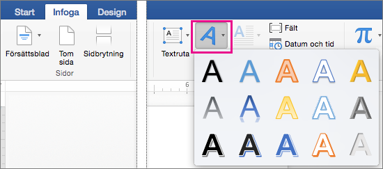 Fliken Infoga med WordArt markerat.