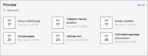 Skärmbild av webbdelen Händelser