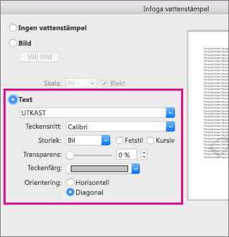 Dialogrutan Infoga vattenstämpel med en markering kring textalternativen