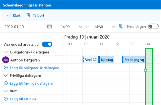 Schemaläggningsassistenten visar kombinerade kalenderhändelser