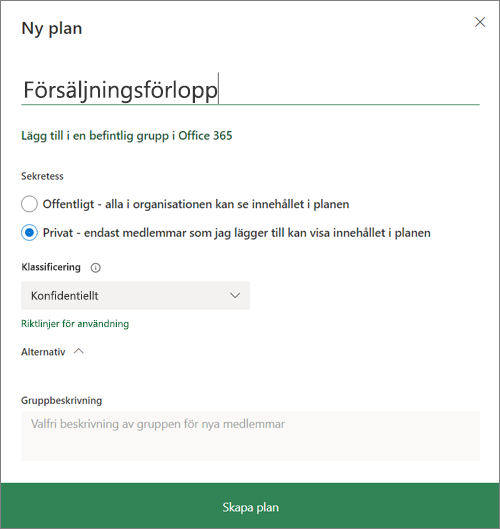 Skärmbild av dialogrutan Ny plan