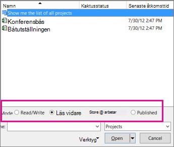 Dialogrutan Öppna visar filer i Project Web App