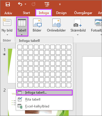 Visar alternativet Tabell på fliken Infoga i menyfliksområdet i PowerPoint