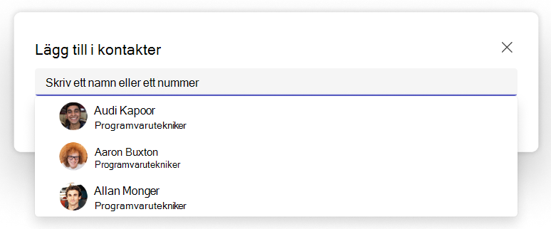 Skärmbild av den nedrullningsbara menyn Lägg till i kontakter i appen Teams Kontakter